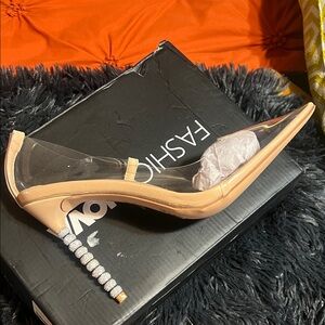 Fashion Nova Clear and Nude Heels with Rhinestone Stiletto